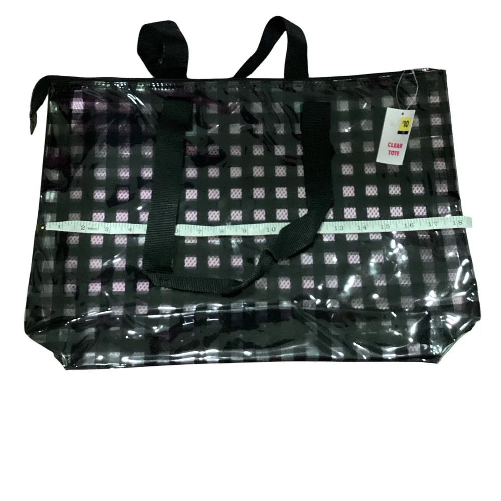 Clear Tote Bag Black Gingham Pattern Zipper‎ Top Handles Beach Travel